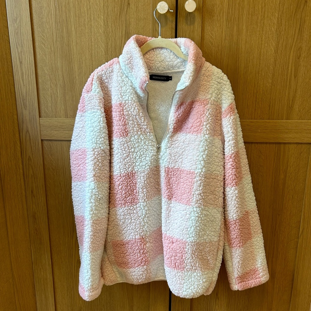 Pink and white checkered fluffy sherpa quarter zip sweatshirt with pockets